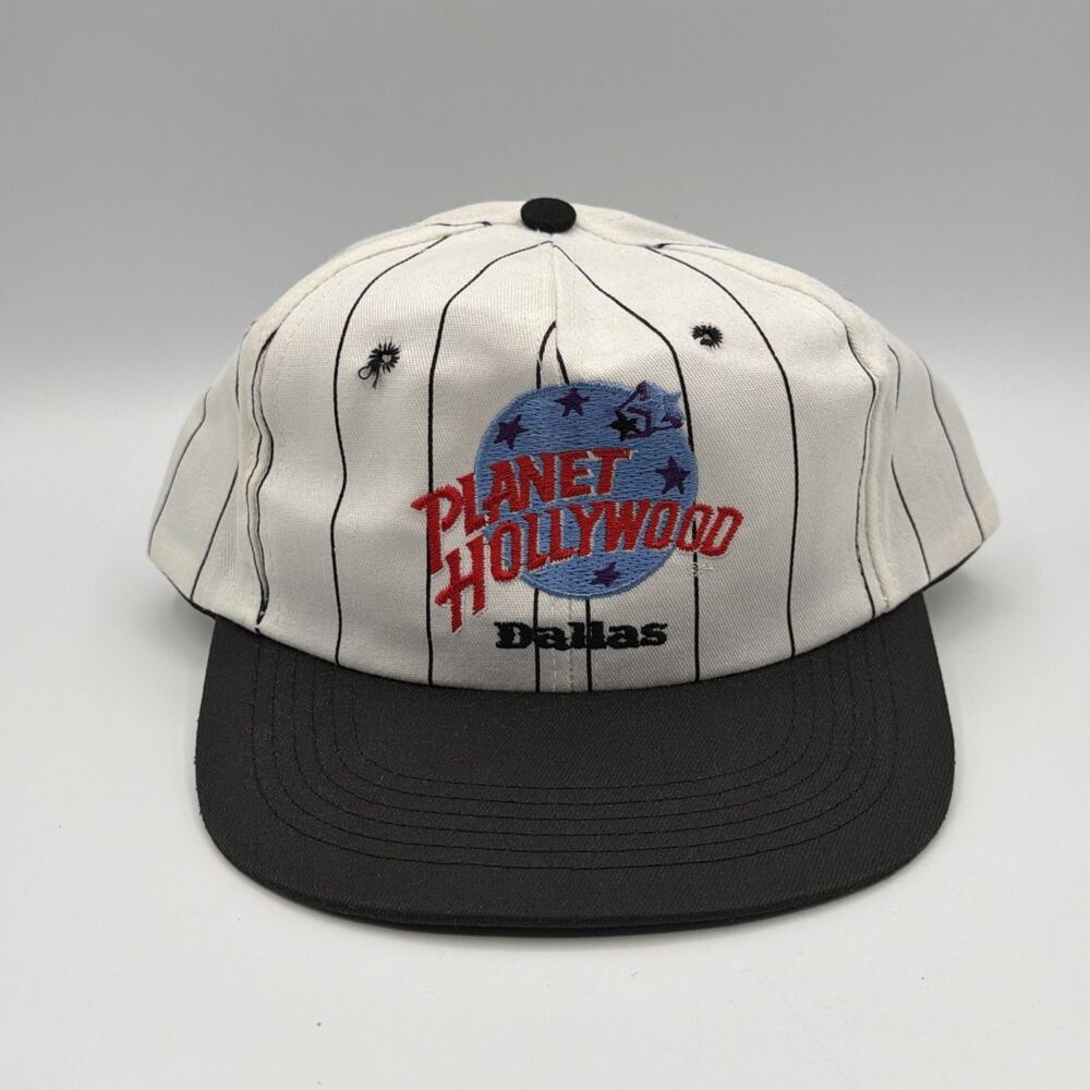Vintage PLANET HOLLYWOOD Hat White Striped Snapback Dallas Embroidered Logo 90s